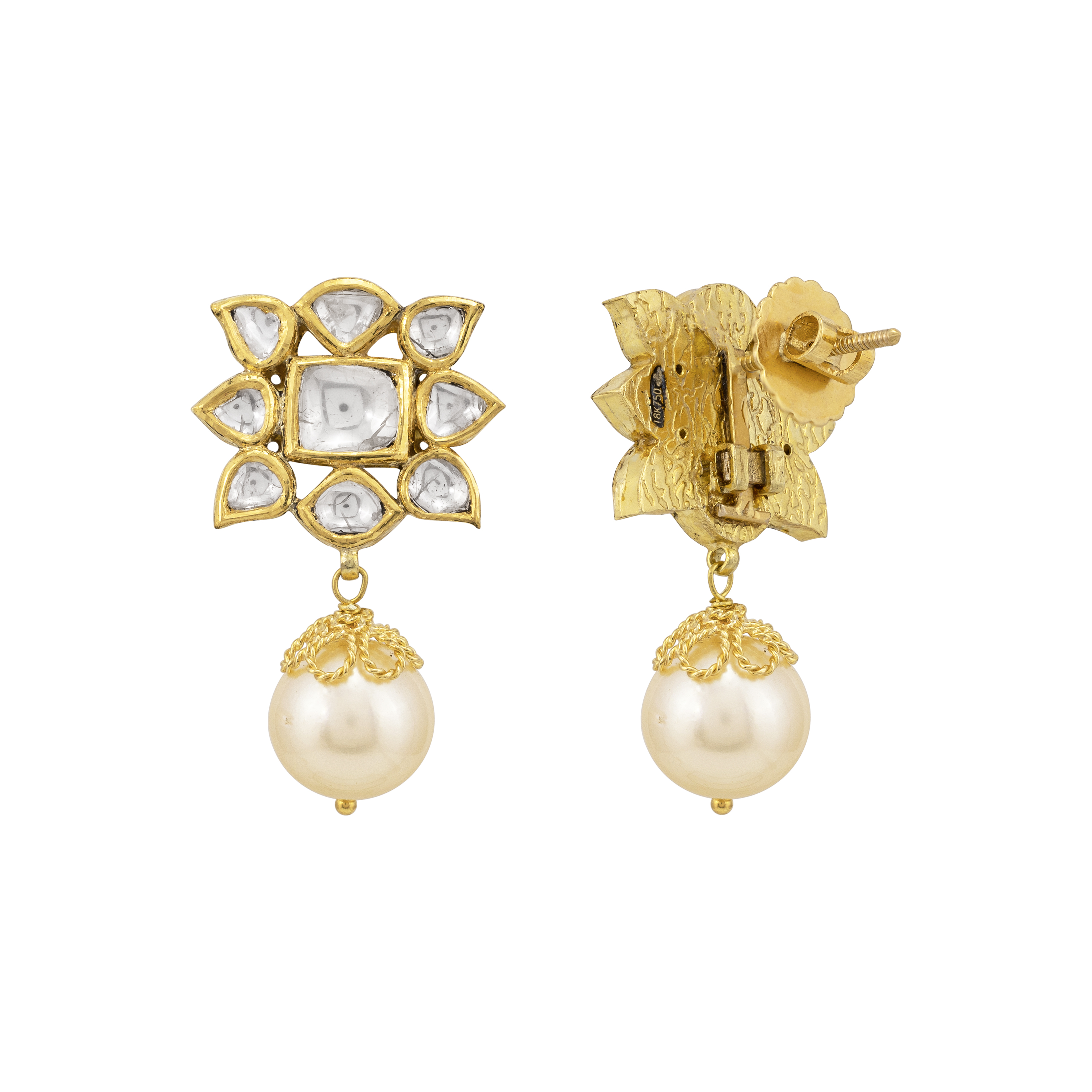 Star-Shaped Polki Earrings with Pearl Drop & Gold Detail